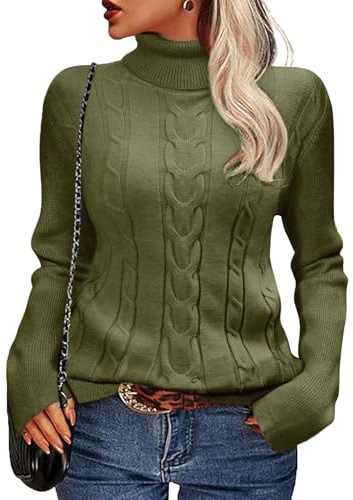 Heekpek Jersey Mujer Cuello Alto Invierno Elegante Otoño Cálido Suéter Manga Larga Corte Ajustado de Punto, Verde Militar, M