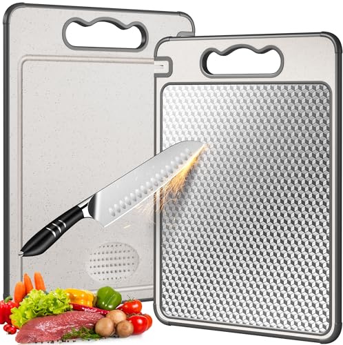 LOZOVIN Stainless Steel Cutting Board for Kitchen, Scratch Resistant Mesh Design, Reversible 304 Stainless Steel & Wheat Straw, Non Toxic Chopping Board for Meat, Dishwasher Safe, 14.4*9.8,1Pcs Grey