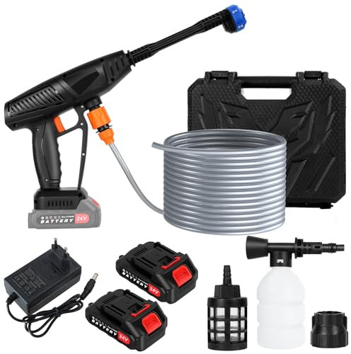 Limpiador de alta presión inalámbrico, pistola portátil eléctrica de 21 V con 2 baterías, boquilla 6 en 1, manguera de 5 m, pistola de lavado de alta presión para coche, hogar, jardín, patio