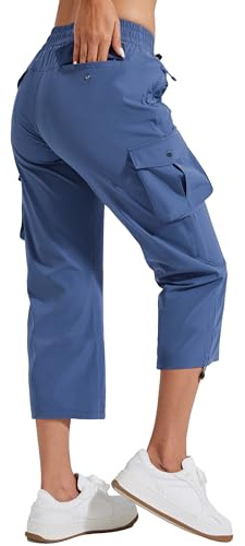 Pioneer Camp Pantacourt Femme Été Leicht Pantalons 3/4 Cargo Occasionnel Pantalon Corsaire Ceinture Élastique Capri RandonnéE avec 6 Poches Gris Bleu M
