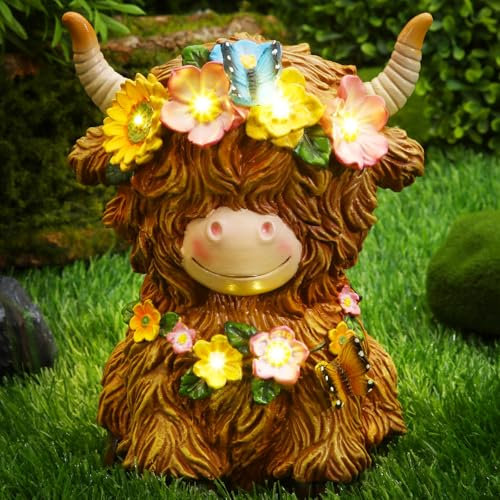 Colingmill Highland Cow Gnomes Resin, Garden Highland Cow Statue Solar Outdoor Decor with Flower Decoration for Patio, Yard, Gift for Mom, Cow Lovers(Classic)