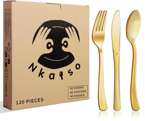 Nkaiso 120 Piezas Vajilla de fiesta, Juego de Cubiertos de Oro Reutilizable, 40 Tenedores, Cuchillos, Cucharas, Cubiertos de Fiesta, Adecuado Para Fiestas Campamentos Barbacoas -40 Invitados