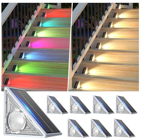 Lakey Sound Solar Lights Outdoor 8 Pack, Outside Garden Step Lights IP67 Waterproof, 10 Color Modes Solar Powered Stairs Light, 12H Lighting & Easy Install for Front Porch, Patio, Doorstep, Pathway