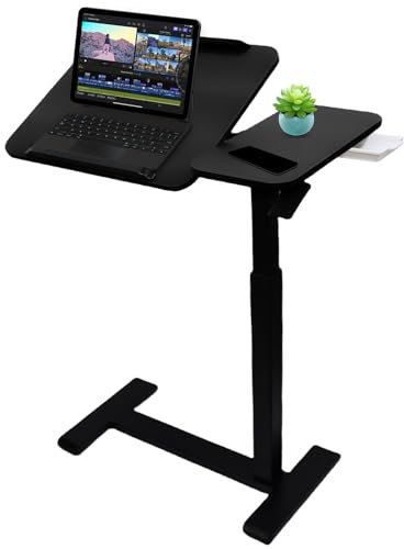 Laptoptisch Beistelltisch Höhenverstellbarer mit Versteckten Rollen Pneumatischer Mobiler Stehpult Schreibtisch Computertisch mit Kippbarer Geteilter Oberseite für Büro Sofa Pflegebett Schwarz