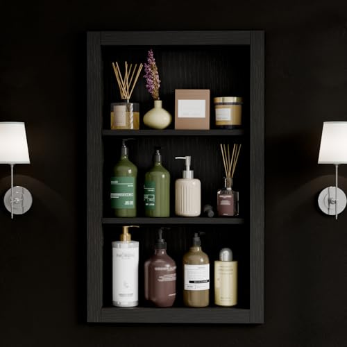 HAIDAIYA 14'' * 24'' Recessed Medicine Cabinet Wall Niche Wood, 3-Tier Bathroom Niche Insert for Drywall, in Wall Shelf Medicine Cabinets Replacement, for Living Room, Bathroom Storage, Black