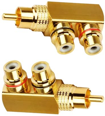 Uliwamowi 2 Piezas Adaptador divisor RCA, 90 Grados RCA Macho a 2 Hembra, en Oro Convertidor Audio Vídeo Adaptador Ángulo Recto, para TV Amplificador Reproductor DVD Altavoces Mezclador