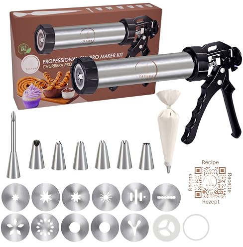 YARANA churros maker – Churros-Presse aus Edelstahl 304, LFGB geprüft, BPA-freier 41 cm Spritzbeutel, 12 Scheiben, 7 Tüllen + Füll-Injektor, Anti-Leck, QR-Rezepte