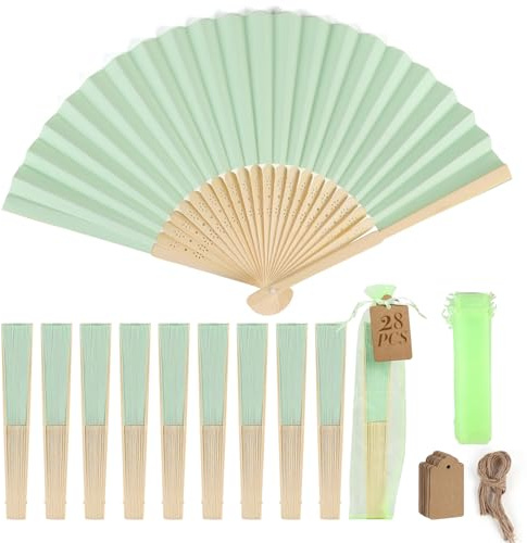 SWAWIS 28 Pezzi Verde Chiaro Ventaglio di Carta, Ventagli Pieghevoli con 30 Sacchetti di Organza e Biglietti di Ringraziamento, Ventaglio di Bambù Colore Solido per Matrimoni Decorazioni Battesimo DIY