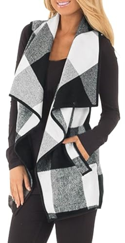 Generisch Gilet da donna elegante e lungo cardigan con orlo asimmetrico Cardigan a quadretti grandi dimensioni senza maniche Gilet di mezza stagione anteriore aperto cappotto esterno, O nero., 3XL