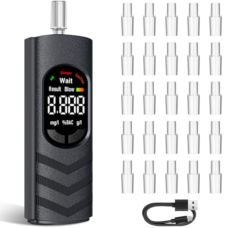 Suevut Alcoholímetro Digital Portátil con Pantalla LCD, Medidor de Alcohol en Aliento Recargable por USB, Alcohotest para Autocontrol, con 25 Boquillas