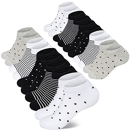 Mowenti Sneaker Socken Damen 39-42 Kurze Baumwollsocken Sportsocken 10 paar Streifen Punkten-8205
