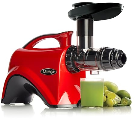 Omega Juicer Premium Vegetable and Fruit Juice Extractor and Nutrition System Makes Nut Milks Baby Food and Sorbets, Adjustable Pressure Settings 80-RPM Slow Masticating Juicer, 150-Watts, Red