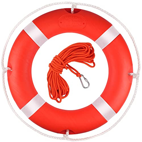 BALAVA Anneau de flottaison de sécurité, bouée de sauvetage de 58,4 cm avec bande réfléchissante et lignes d'appui, bouée orange pour bateaux, corde flottante pour sauvetage