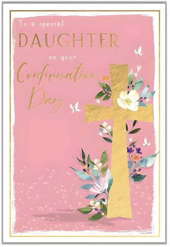 Daughter Confirmation Day Congratulations Card for Women or Girls - Confirmation Congratulations Card with Floral Cross and Butterflies Design with Embossed Foil Details