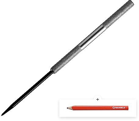 BAUHELD® Anreissnadel Metall [180mm] - Reißnadel mit eingeschraubter Nadel [1 Stück] - Griffstück verchromt mit Rändelung - Anreisswerkzeug aus ganz gehärtetem Stahl - Inklusive Schutzkappe