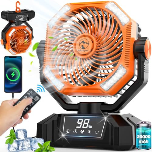 Multper Camping Ventilator mit LED-Licht, 20000mAh Wiederaufladbarer Outdoor Zelt Ventilator mit Haken & Fernbedienung, 5 Stufiger Leistungsstarker USB Tischventilator zum Angeln Picknick Schlafzimme
