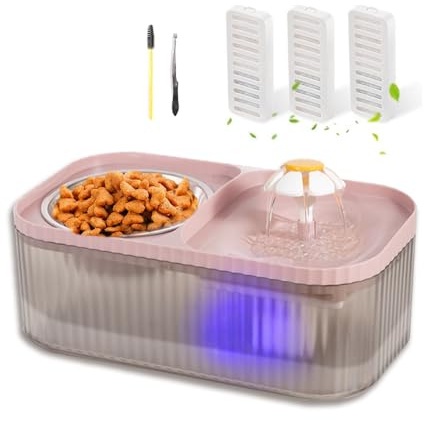 Marchul Cat Water Fountain and Stainless Steel Food Bowl, 100oz/3L Super Quiet Automatic Pet Water Dispenser with Smart Pump and 3 Replacement Filters for Cats and Small Dogs, Pink