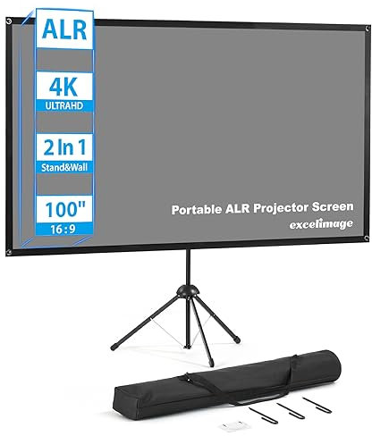 Pantalla de proyector portátil y soporte, pantalla de proyección ALR, 100 pulgadas 16:9, pantalla de proyector al aire libre, alto contraste, trabajo en luz ambiental, tamaño compacto, fácil