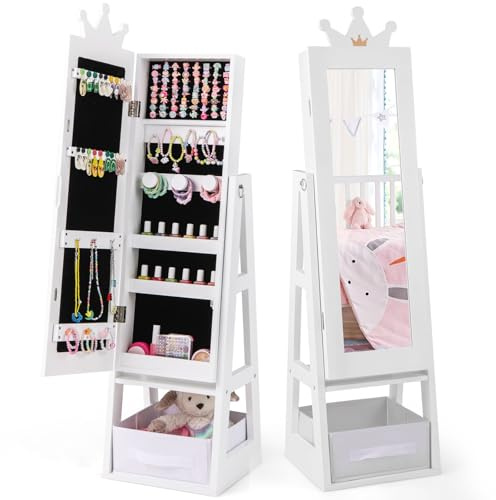 COSTWAY Armadio Portagioie 3 in 1 per Bambini 31,5 x 30 x 115cm, Specchio a Forma di Corona con Ganci, Ripiano e Cassetto in Tessuto, Toeletta per Cameretta (Bianco)
