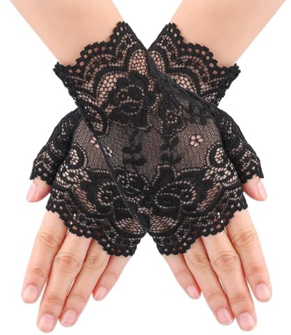 Amesor Guantes De Encaje Sin Dedos, Guantes de Media Longitud con Detalles de Encaje, Accesorios De Disfraz Transparentes Con Protección Solar Para Mujer Boda Fiesta De Gala Cosplay