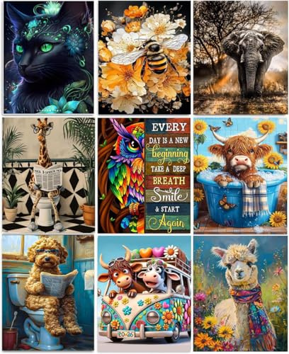 Mrnsiet 9 Pack Animals Diamond Painting Kits for Adults,5D DIY Cow Elephant Giraffe Diamond Art Kits for Beginners Round Full Drill Painting with Diamonds Gem Art for Home Wall Decor Gift12X16Inch