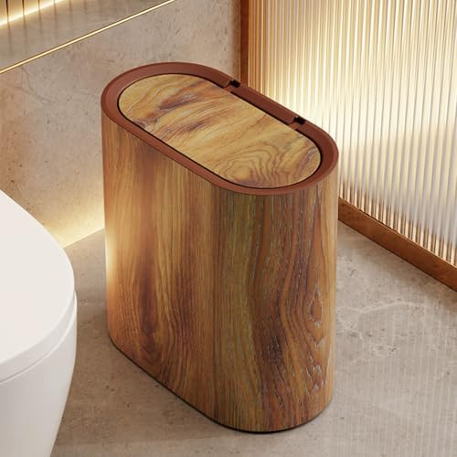 HIKENRI 12L Mülleimer Bad,Mülleimer Küche,Schmaler Mülleimer Mit Deckel Mülleimer Geruchsdicht Pop-Up Deckel PP Material für Küchen,Büro,Windeleimer Geruchsdicht,Schlafzimmer,WC (Holzmaserung)