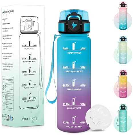 Baramumu Gourde, 500ML Sans BPA, Gourde Enfant, Avec Horodatage, Bouteille Anti Fuite, Conception de Verrouillage Anti-Fuite, Bouteille plastique pour École, Yoga, En cours d'exécution - Bleu&violet