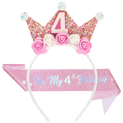 Alaoo 4 år födelsedagskrona, 4 års festleksak, krona födelsedag flicka med födelsedagshalsduk, glitter siffror och rosblommor, perfekt för barns födelsedagsfester och fester