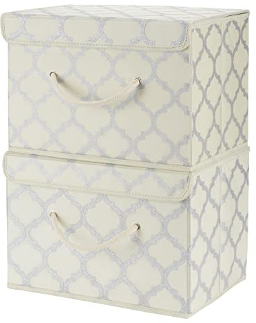 Cream/Metallic Fabric Storage Boxes with lids, Stackable and Foldable. For wardrobes, shelves, clothes, bedroom, office, cupboard, keepsake box, crafts, toys, shoes, socks. Rope Handle 2pk 37x25x25cm