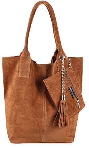 Made IN Italy Damen XXL Leder Tasche + Schmucktasche Handtasche Wildleder Shopper Schultertasche Fransen Umhängetasche Quaste Kette DIN-A4 Hobo Tote Bag Cognac-Braun