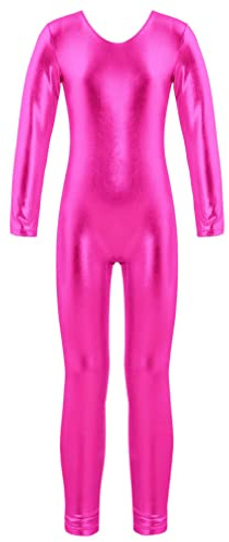 Agoky Metallisk gymnastikdräkt för flickor, långärmad body, overaller, helkroppsdräkt, jumpsuit, baletttröja, dans, kostym, fitness, sport, leotard, Het rosa B, 134-140