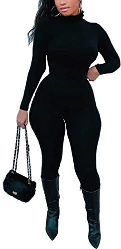Azhong Women's Sexy Long Sleeve Turtleneck Jumpsuits Bodycon Back Zipper High Waist One Piece Casual Club Rompers