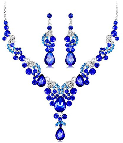 Wedity mariée mariage cristal collier boucles d'oreilles ensemble floral colliers ras du cou bijoux en forme de larme pour femmes et filles (bleu)