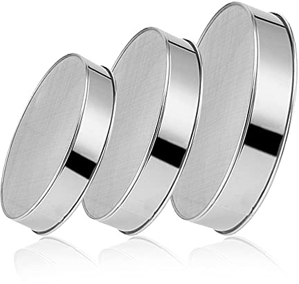 QUDUME 3 Pack Round Flour Sifter, Stainless Steel Fine Mesh Strainers Flour Sieve, 6 Inch and 8 Inch 40 Mesh 10 Inch 60 Mesh for Baking Straining Powdering Cake Bread Pies Pastries Muffin Cake