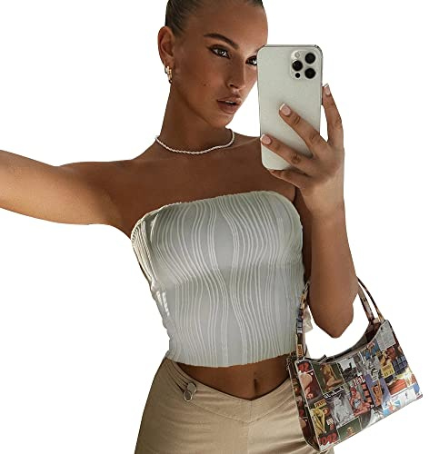 QKEPCY Canotte Donna Estive Tank Top Bandeau Plissettato Canotta Maglietta Elegante T Shirt Crop Top Senza Spalline Abbigliamento Estivo Casual Magliette Cotone