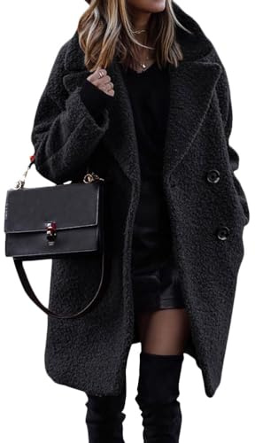 ORANDESIGNE Manteau d'hiver Femme Duveteux Polaire Revers Manches Longues Bouton Chaud Fausse Fourrure Vêtements D'extérieur Veste Sherpa Cardigan A Noir S
