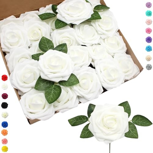 25 rose finte bianche artificiali, rose artificiali in schiuma realistica al tatto, rose finte con stelo, per decorazioni per matrimoni, addio al nubilato, artigianato, casa, baby shower, San