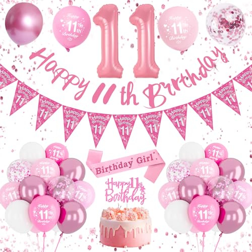 11 År Gammal Flicka Födelsedagsdekoration - Ballong Nummer 11 Grattis På Födelsedagen Rosa Dekoration Med Konfettiballonger