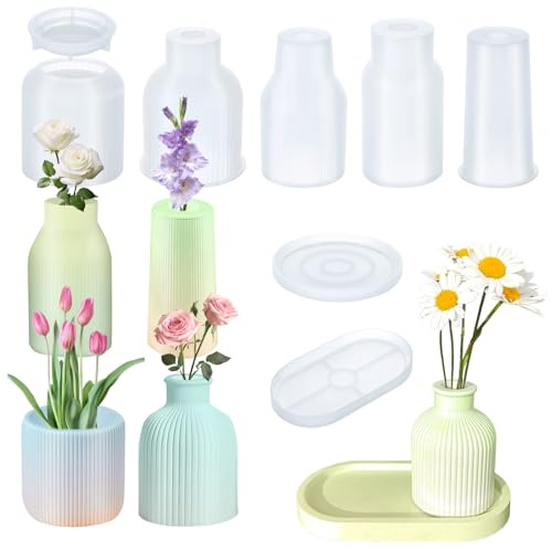 Huiguli 7 st silikonformar i vasen, gjutformar med 5 vaser + 2 pall, återanvändbara epoxihartsformar, gör-det-själv-hartsformar för blomma heminredning