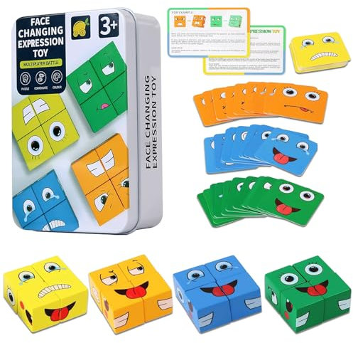 YeaHapiday puzzle legno cubo di rubik,puzzle in legno，mini puzzle gadget compleanno bambini 16 Pezzi di Puzzle in Legno e 64 Carte Giocattolo con Espressioni in Legno, Puzzle Bambini 3+ anni