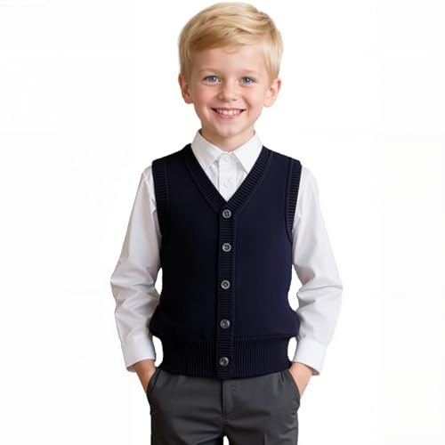 Yanmucy Gilet tricoté sans manches à col en V pour garçons et filles, uniforme scolaire, pull cardigan assorti pour enfants âgés de 5 à 14 ans