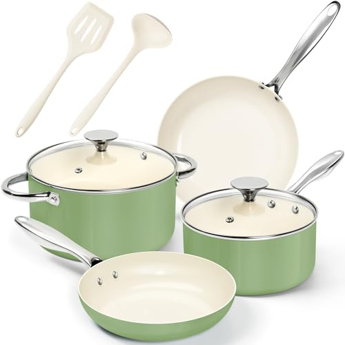 MICHELANGELO Ceramic Pots and Pans Set 8pcs - Nonstick Ceramic Cookware Set, 8-Piece Healthy Cooking Set, Non-Toxic, Oven Safe & Induction Compatible - Green