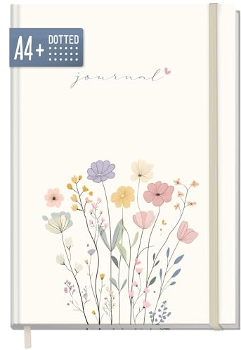 Häfft paper&you® Dotted Journal A4+ anteckningsbok Flower Joy | 156 numrerade sidor med prickmönster och gummiband – för dagbok, listor och anteckningar