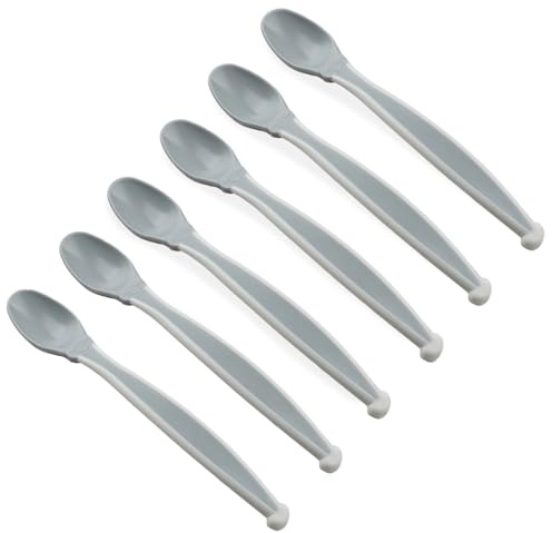THERMOBABY Lot de 6 cuillères bébé 1er âge à embout souple - Gris Charme | 6 cuillères à embout souple avec manche ergonomique, idéales pour la diversification alimentaire.