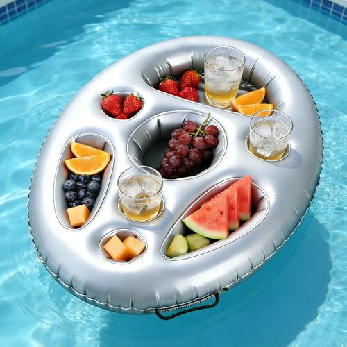 Inflatable Floating Drinks Holder, Pool Float Tray Drinks Holder with 8 Holes, Pool&Hot Tub Accessories, PVC Portable Large Capacity for Outdoor Summer Gatherings Swimming Beach Party Supply