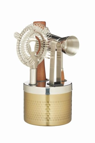 BarCraft Cocktail Tool Kit and Stand, 5 Piece Cocktail Making Set with Strainer, Muddler, Jigger and Tongs, Professional Quality Accessories, in Gift Box - Brass Finish