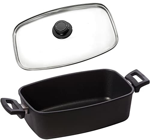 Eurolux Guss-Bräter Set Induktion mit Glasdeckel (Edelstahlrand) 33 x 22 cm - kleiner ofenfester Universal-Multibräter mit Antihaft-Beschichtung - 5.0 Liter - Made in Germany