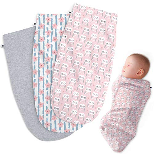 Henry Hunter Baby Swaddle Sack | The Simple Swaddle | Soft Stretchy Cotton Swaddles for Newborns | Baby Swaddles 0-3 Months, Swaddle Blankets Baby Girl, Pack of 3, Flower | Owl | Light Heather