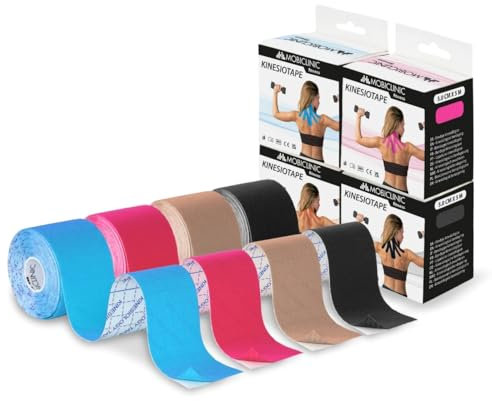 Mobiclinic®, 4 Rotoli di Kinesiotape, Benda Elastica Autoadesiva, 5m x 5cm, Tape Sportivo, Alleviamento Muscolare, Bendaggio Kinesiologico, Nastro, Face Taping Viso, Colori