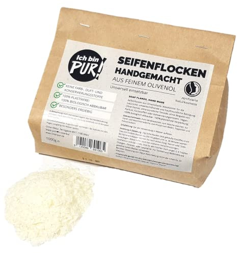 IchbinPUR - Fiocchi di sapone bianco all'olio d'oliva da 1 kg, per lavaggio a mano e in lavatrice, vegano, senza plastica, senza olio di palma, senza profumo, granulato